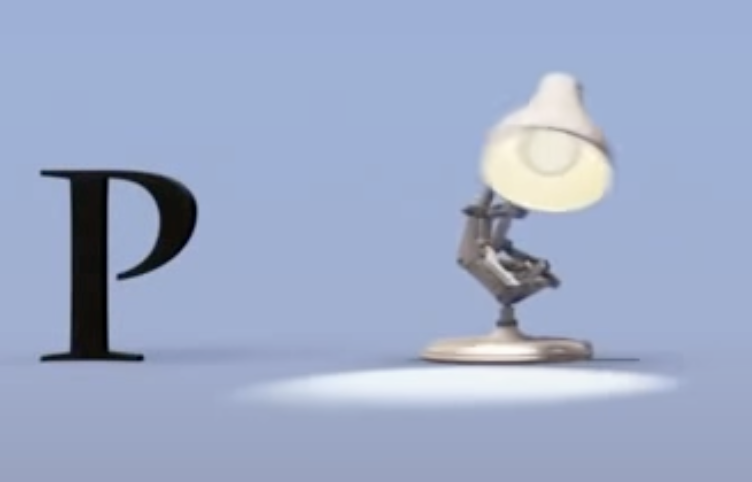 Luxo Jr. lamp from Pixar logo showcasing realistic lighting effects on a light blue background.